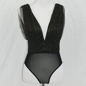 NWT NanaMacs Womens Medium Bodysuit One Piece Deep Plunge Vneck Gold Black